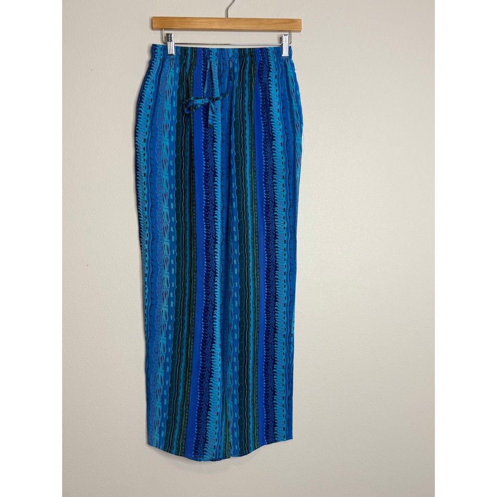 Diamantina Blue Silk Striped Wide Leg Pants Elastic Waist Boho Resort Women's M